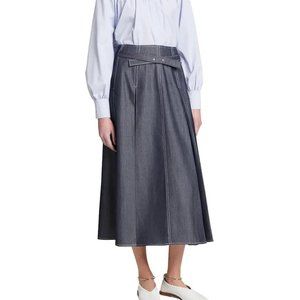 Jason Wu Belted Pleated Raw Denim Midi Skirt